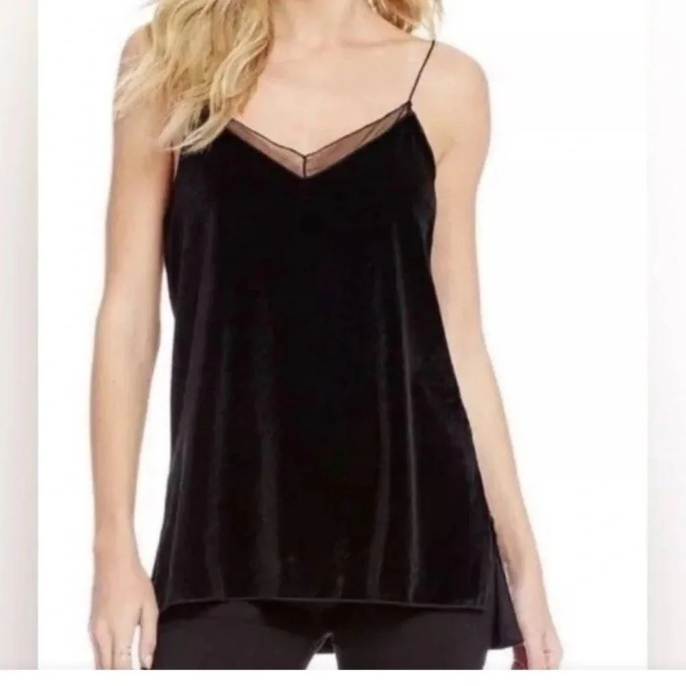Intimately Free People Black Velvet Camisole with Mesh Lace Detail, Side‎ Slits.